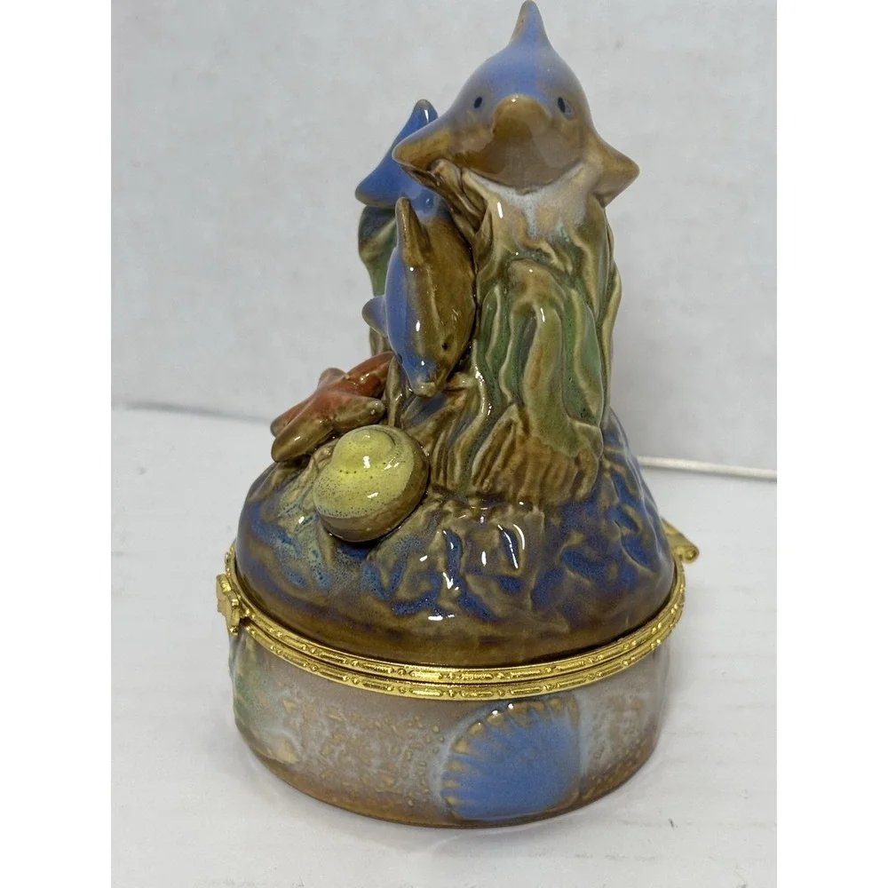 Dolphin Trinket Box Ceramic Hinged Jewelry Box Coastal Ocean Decor 4